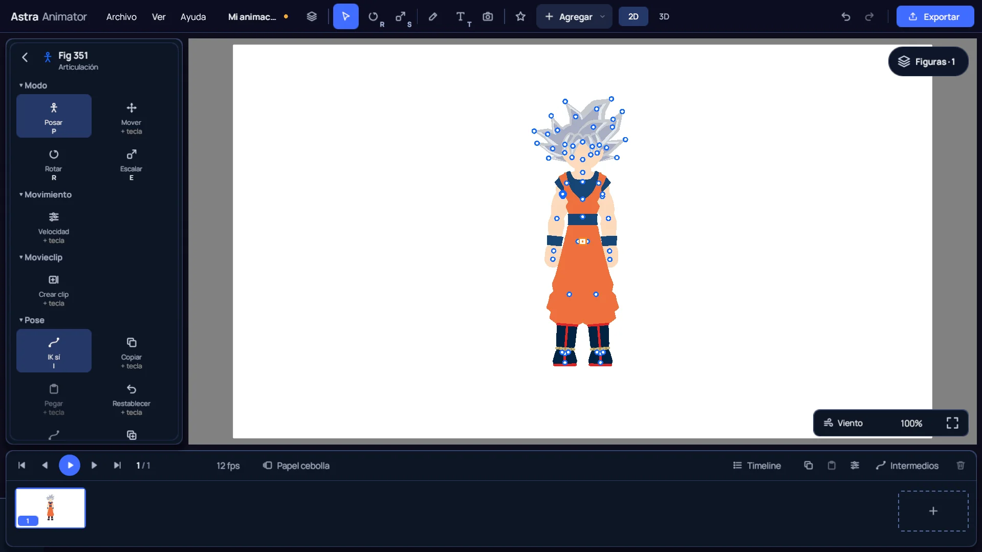 Captura real del editor de Astra Animator con Goku en el lienzo, herramientas y línea de tiempo